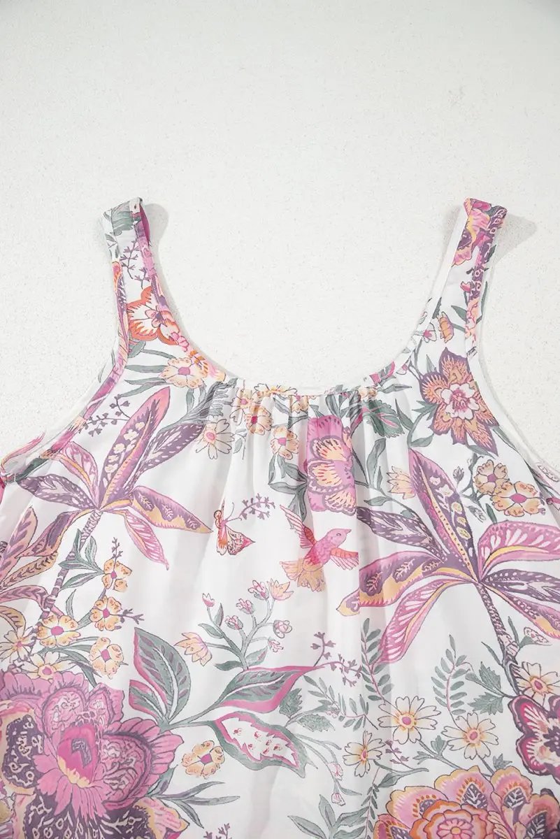 Multicolour Floral Print Fringed Tie U Neck Mini Dress - Love Salve